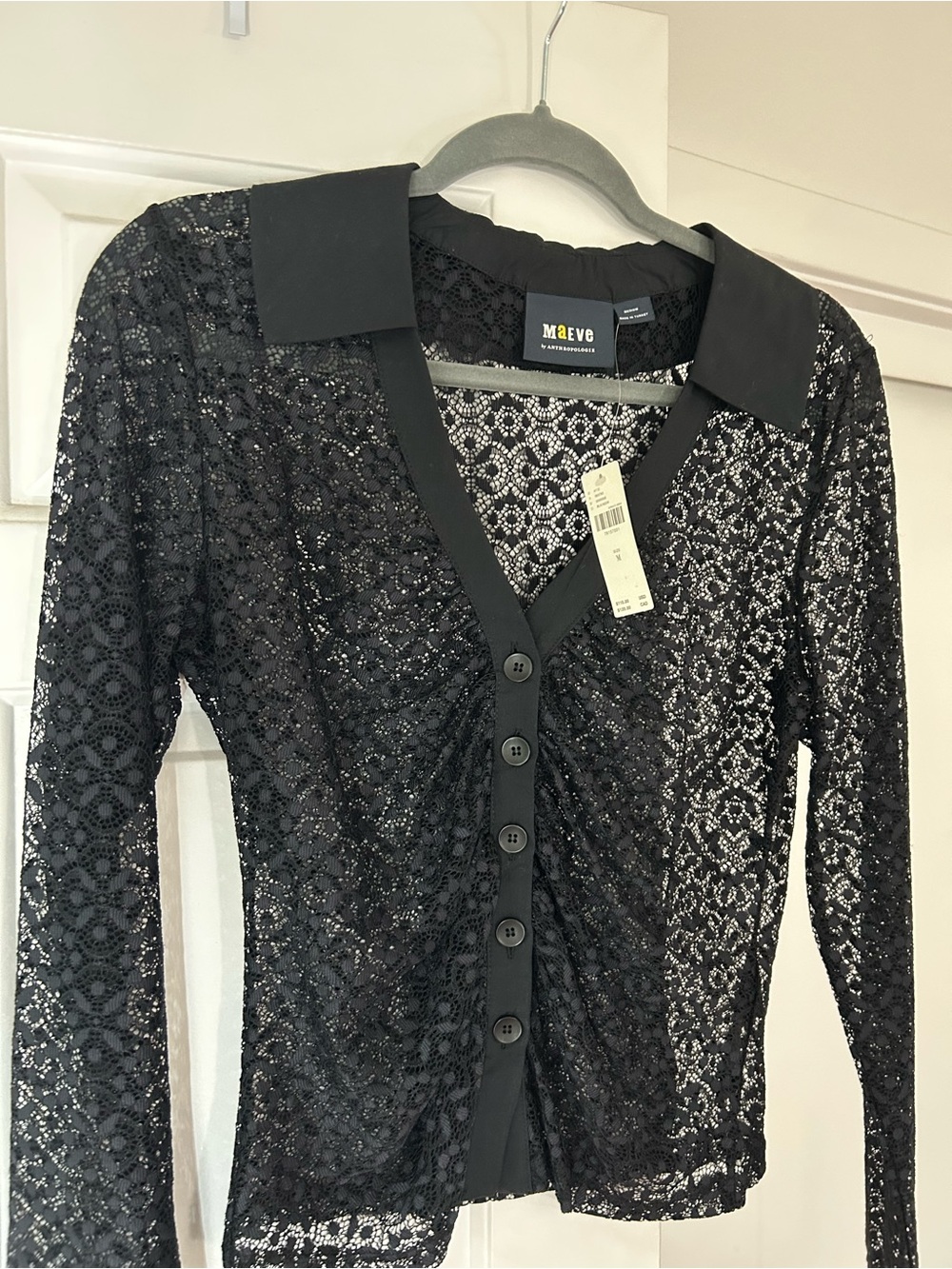 Anthropologie Maeve Black Sheer Lace Button-Down Blouse M